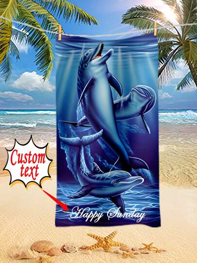 Un paquete de toallas de baño de microfibra súper absorbentes y ligeras, de gran tamaño, con texto y diseño personalizado de delfín adorable, perfectas para vacaciones en la playa y regalos de viaje ideales.
