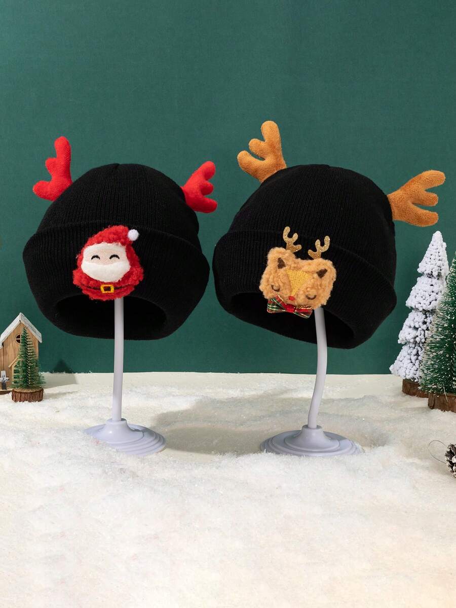 1 件装圣诞帽，带可爱鹿角，温暖针织节日圣诞老人装饰，适合圣诞节装饰、秋冬季 - 彩色 - 查看 1