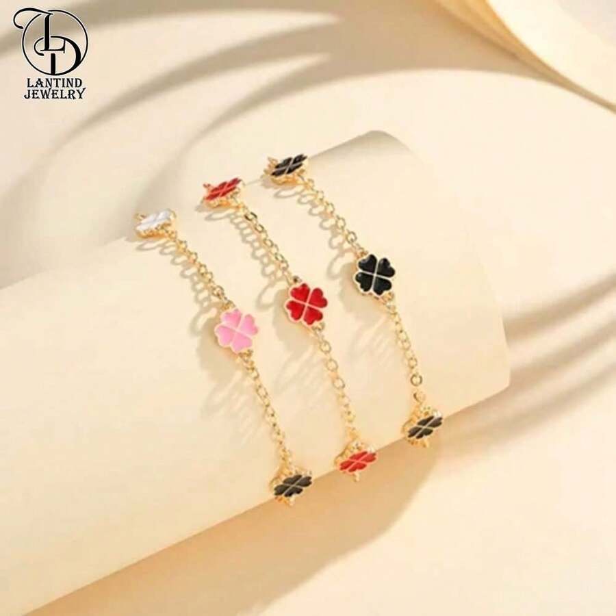 Vòng tay charm cỏ bốn lá thời trang thanh lịch dành cho nữ, phong cách tối giản sang trọng đầy màu sắc INS Vòng tay xích đồng - Vàng - Xem 1