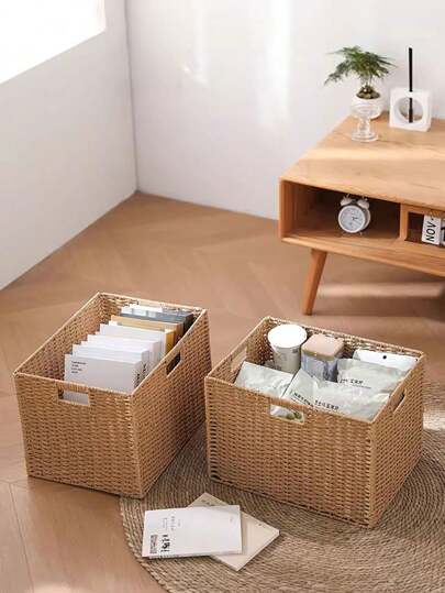 手編みフェイクラタン収納バスケット - ハンドル付きオーガナイザービン、ホーム、リビング、寝室、オフィスに最適 | 本、おもちゃ、タオル、スナックなどの多目的収納 | 棚に収まるフェイク籐製収納コンテナ