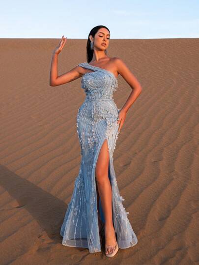 Faeriesty Haute Glamour Elegant One Shoulder Floral Embroidered Split Beaded Formal Dresses & Evening Gowns