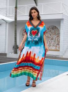 爱心印花连衣裙 波西米亚风宽松孕妇装 开叉大腿家居服 卡夫坦 - 彩色 - 查看 1