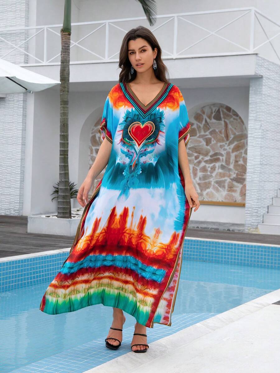 爱心印花连衣裙 波西米亚风宽松孕妇装 开叉大腿家居服 卡夫坦 - 彩色 - 查看 1