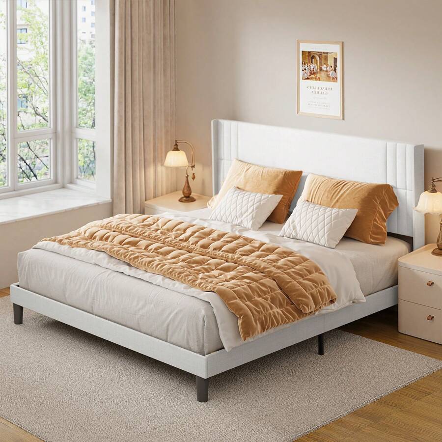 Upholstered Bed Frame With Headboard, Linen Platform Bed Frame, Room Decor Upholstered Platform Bed With Wooden Slats Support, Full/Queen/King, White/Dark Grey/Beige - 白色 - 查看 1