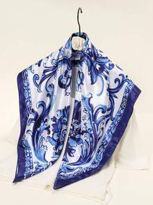 1件装 女士2026春夏时尚皇家几何印花缎面头巾/方巾，百搭日常佩戴 - 01-藍色 - 查看 2