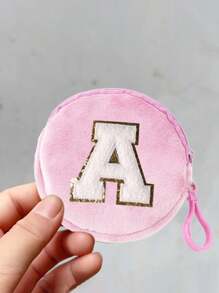 毛绒圆形刺绣首字母A-Z手绳钥匙扣钱包女士证件包钥匙包化妆包耳机收纳包小巧便携节日礼物，适合送给家人、朋友和同学的生日礼物（26个字母可供选择）粉色包Y2K感恩节女士钱包迷你钱包零钱包 - 粉色 - 查看 5