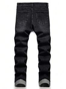 Men Distressed Casual Elastic Denim Jeans With Pockets - Black - View 2