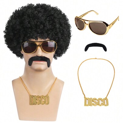 African Wig Men's 4 Pieces Set {Wig+Glasses+Disco Necklace+Beard} 70s 80s Disco Costume Wig Men's Natural Fluffy Short Curly Hair