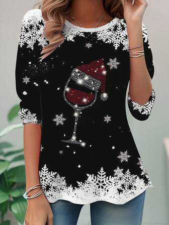 Modern, avslappnad, semesterstil, elegant, mångsidig, slim fit för kvinnor, utomhus, hem, resor, arbete, dam, höst/vinter, rund hals, jul, mångsidig, hem, vinglastryck, avslappnad långärmad t-shirt