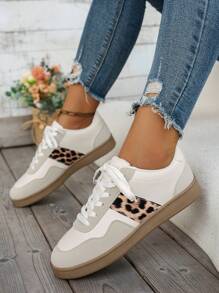 Damen Retro Trainingsschuhe, lässige Schnürschuhe mit Farbblock Leopard Muster, Sportschuhe