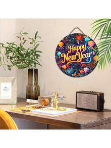 Happy New Year Festival Wooden Sign 2025 Happy New Year 2D Flat Relief Effect Round Sign For Front Door Wall Hanging Decor, Party Decorations, Colorful Hot Air Fireworks Pattern Design, Couple Gift, Happy New Year Gift, Party Supplies - Multicolor - View 7