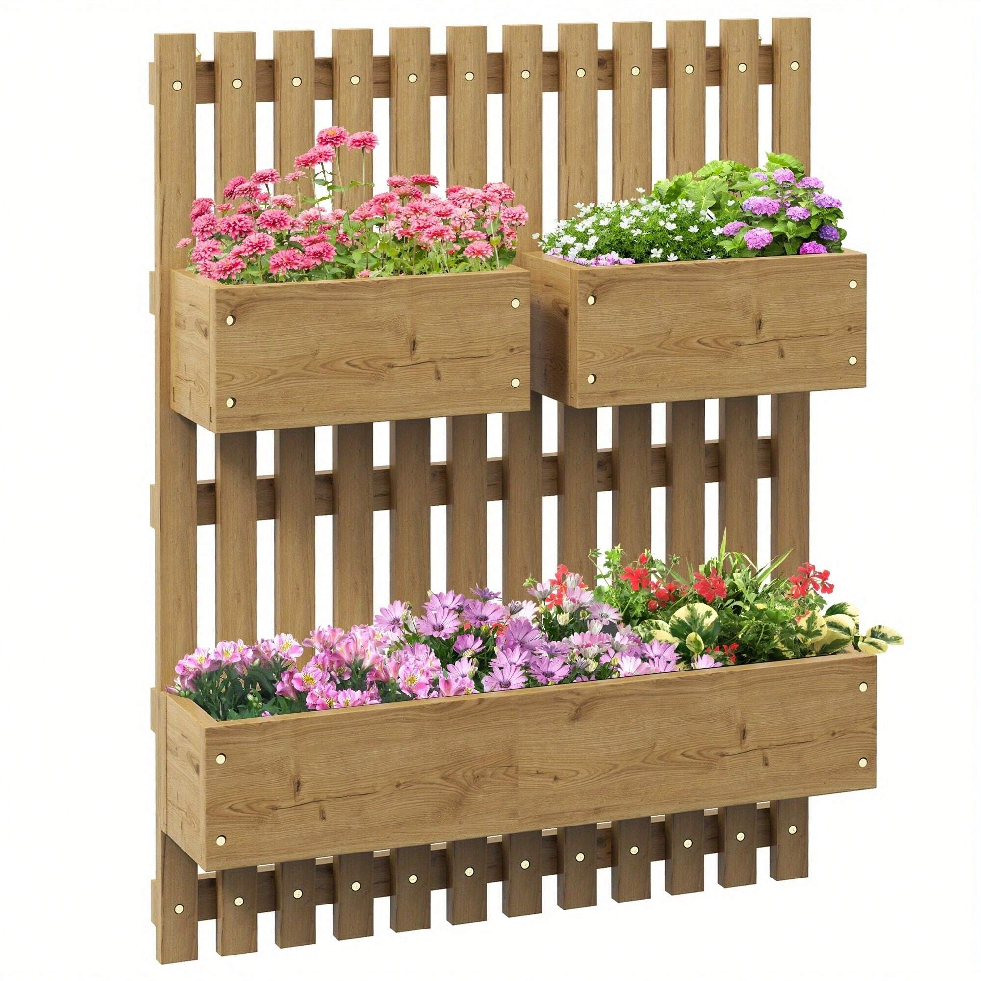 WallMounted Wooden Garden Planters With Trellis, Drainage Holes And 3