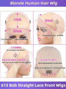 Peruca Bob de Cabelo Humano Loiro 613 de 12 Polegadas, Reta, Frente de Renda 13x4 com Cabelo Implantado, Renda Transparente e Densidade de 150, Perucas Loiras 613 de 8-16 Polegadas para Mulheres, Peruca Bob Curta para Mulheres