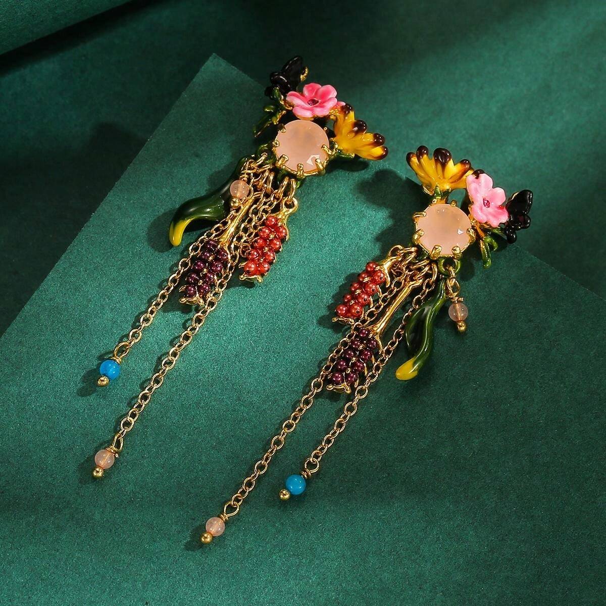 1pc Elegant HighEnd Enamel Floral Jade Stone & Black Butterfly Leaf