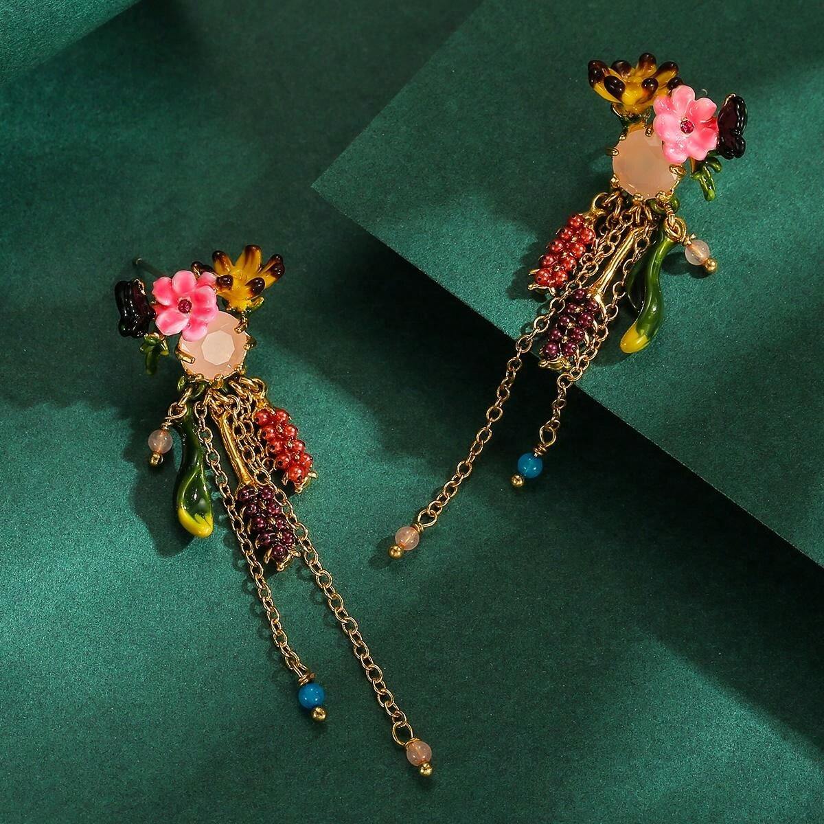 1pc Elegant HighEnd Enamel Floral Jade Stone & Black Butterfly Leaf