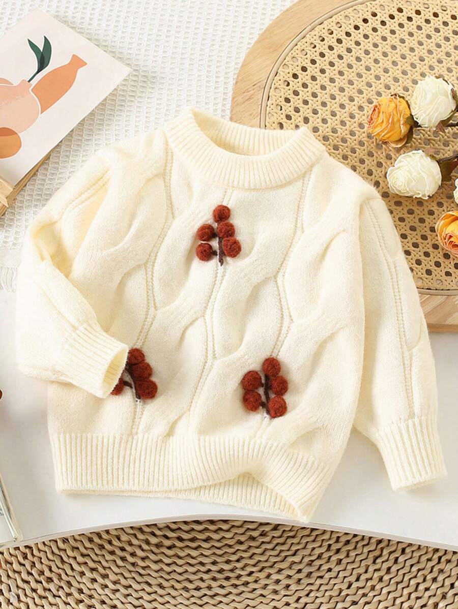 Girls Cute Embroidered Berry Pullover Sweater, Long Sleeve Knit Sweater, Warm Children Clothing, Autumn/Winter
