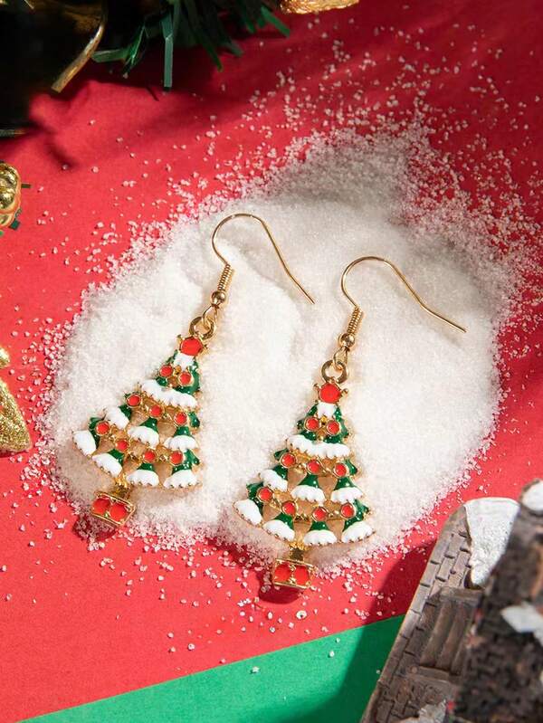 3pcs/Set Christmas Tree Pendant Necklace & Earrings, Cute And Fashionable Red And White Colors, Suitable For Women To Wear On Christmas, Great Gift For Friends And Couples