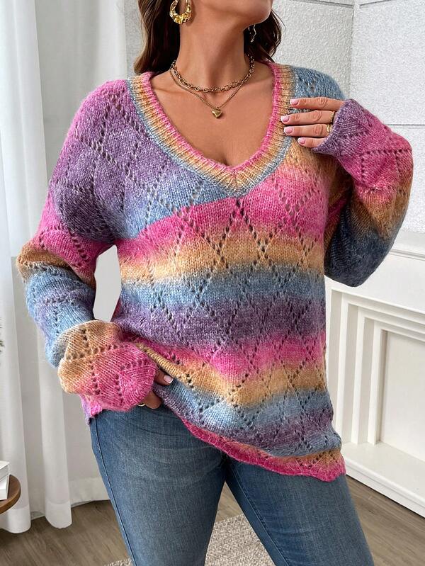 1 pieza Suéter colorido de punto al azar de cuello en V talla grande, parte superior de punto informal de hombros caídos, ropa de mujer