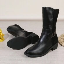 女士新款时尚尖头混合材质侧拉链粗跟踝靴和短靴，性感优雅风格 - 黑色 - 查看 6