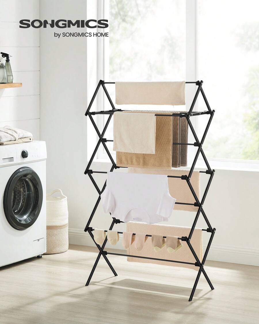 SONGMICS Foldable Clothes Airer, Clothes Drying Rack, Compact Clothes Horse Dryer, Laundry Rack, Steel Frame, Easy Assembly, Indoor Outdoor Use, Black