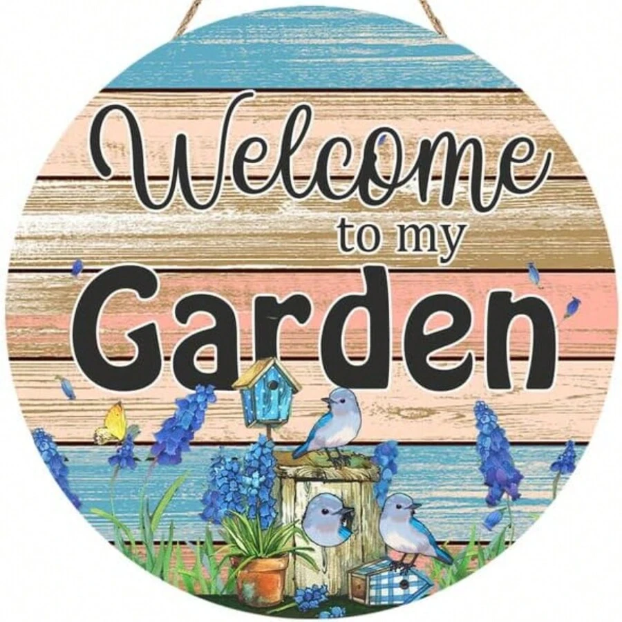 1 件花园装饰标志欢迎来到我的花园标志装饰花圆形木质标志适用于前门农舍家庭厨房俱乐部酒吧节日墙壁艺术装饰 12x12 英寸，CQQ-G229 - 彩色 - 查看 1