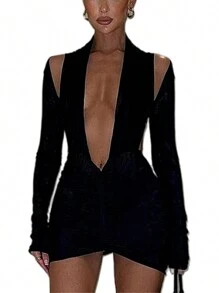Vestido ajustado para mujer, manga larga, cuello en V, espalda descubierta, plisado, liso, corte entallado, ideal para cócteles y fiestas. - Negro - Ver 1