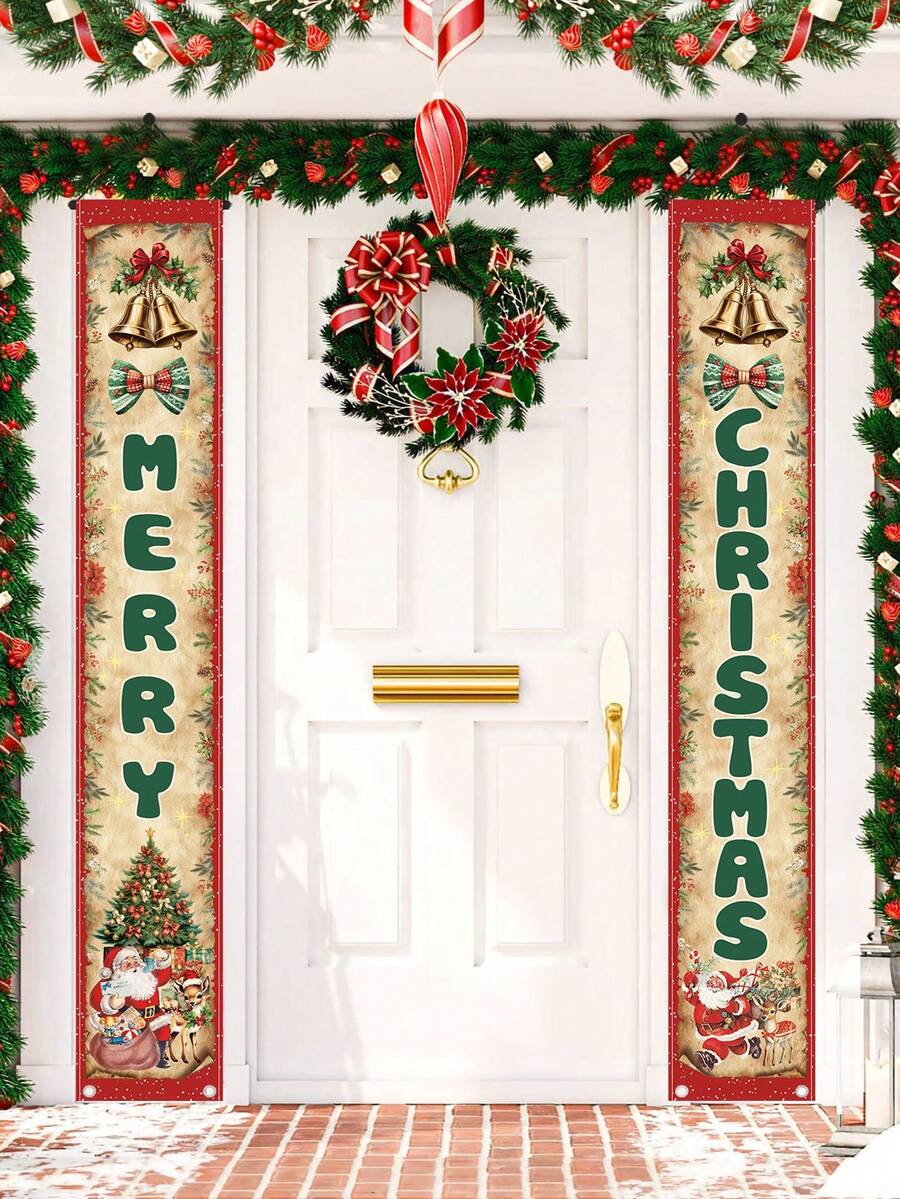 2 件/套复古风格圣诞快乐门帘、横幅对联、圣诞装饰圣诞吊坠、圣诞快乐家居装饰、平安夜礼物 2025 年新年快乐 - 聖誕快樂 - 查看 1