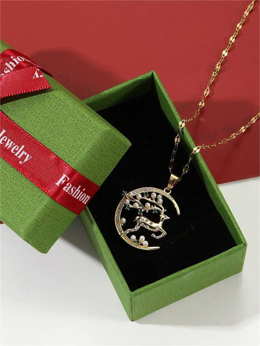 QUINNIA 1 chiếc vòng cổ mặt dây chuyền hình con nai bằng đồng khảm ngọc trai Zirconia, hộp quà tặng, thích hợp để đeo hàng ngày, làm quà tặng tiệc tùng và Giáng sinh - Nhiều màu - Xem 1