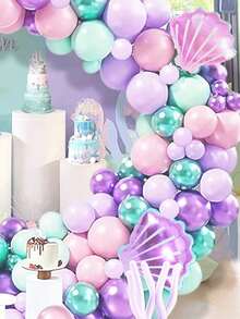 Bộ 94 bóng bay chủ đề nàng tiên cá & vòng hoa, bóng bay đuôi nàng tiên cá tự làm, bóng bay vỏ sò màu hồng và tím, bóng bay cao su Macaron, dùng để trang trí tiệc sinh nhật chủ đề đại dương - Nhiều màu - Xem 3