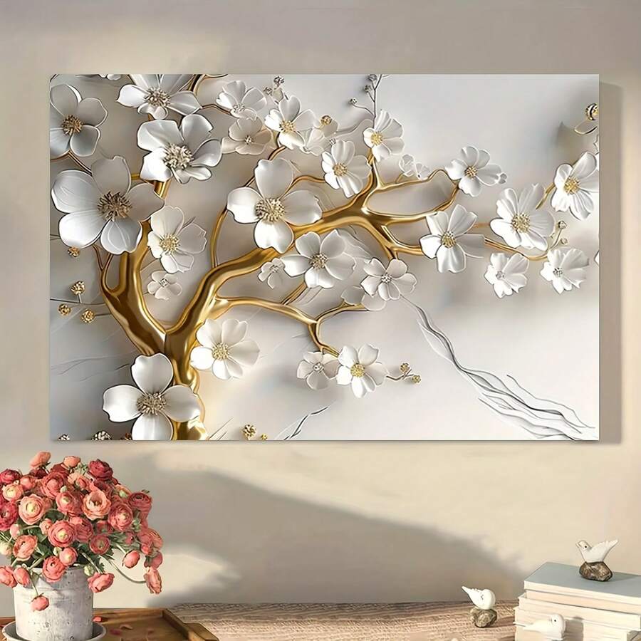 1pc Canvas Painting - Textured White Floral Artwork With Gold Branches - Wall Decor For Home, Office - Ideal For New Year, Valentine's Day, Thanksgiving, Easter, Christmas Gifts With Framed Ready To Hang - 彩色 - 查看 1