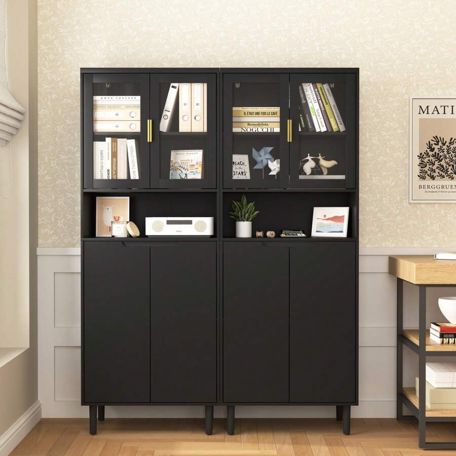 Stylish Tall Storage Bookcase With Glass Doors And Gold Handles