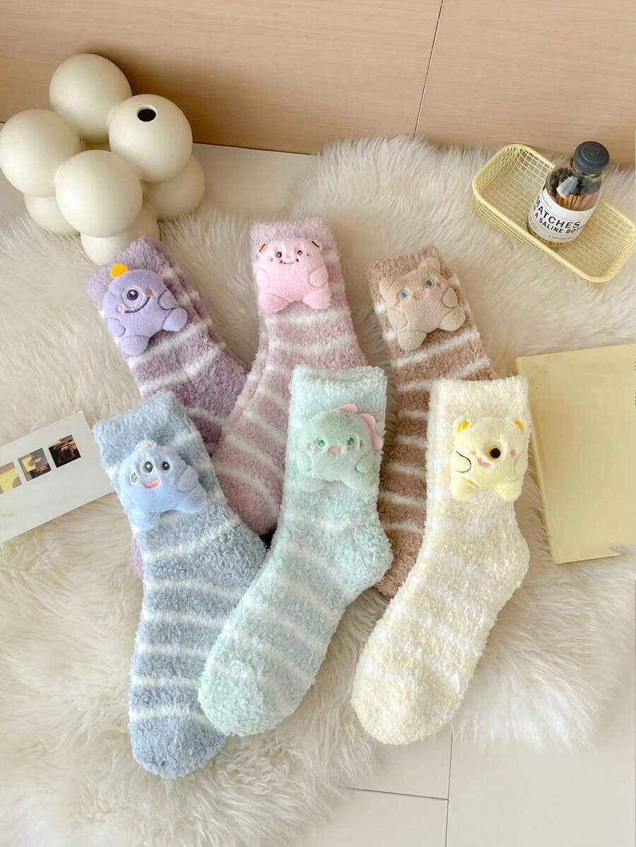 1/6 双女式卡通人物珊瑚绒保暖内衬厚款保暖柔软舒适家居地板袜适合秋冬季 - 彩色 - 查看 1