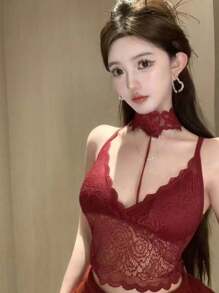 情趣内衣是女人镂空蕾丝薄肩带露胸裹背心性感背心 - 紅色 - 查看 9