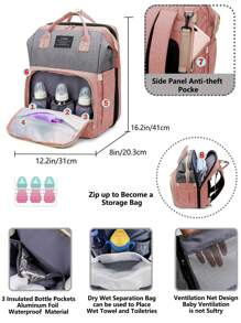Diaper Bag Backpack With Changing Station, Multifunction Portable Waterproof Large Capacity Travel Baby Changing Bags, Baby Stuff Organizer, Baby Registry Search, Baby Diaper Bags For Girls, Baby Shower Gifts, Newborn Baby Essential Gifts - Pink - View 4