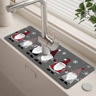 1pc Christmas Themed Faucet Water-Absorbing Drying Mat, Cute Santa Gnome Design Quick Drying, Waterproof Anti-Slip Bathroom Sink Counter Drying Pad, Suitable For Home, Office, Farm Use