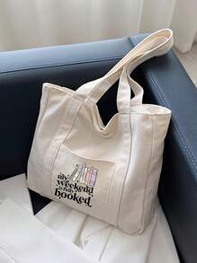 Book Pattern With The Letter 'weekend' Minimalist Shopper Bag Beige Casual,School Bag,Book Bag,Large Capacity,Portable,For Teen Girls Women College Students,White-Collar Workers,Perfect For Work,Back To School,Middle School,High School,College,Vacation ﻿,Teacher's Day Gift