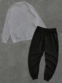 Setelan Olahraga 2 Potong untuk Pria, Sweatshirt Bermotif & Celana Kasual Biasa, Streetwear Serbaguna - Hitam - View 2