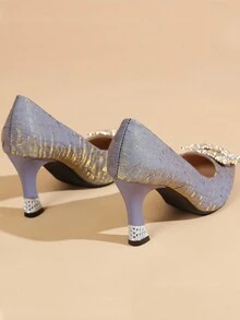 1 双闪亮水钻装饰方头一脚蹬细高跟鞋，黑色和杏仁色可选 - 紫色 - 查看 6