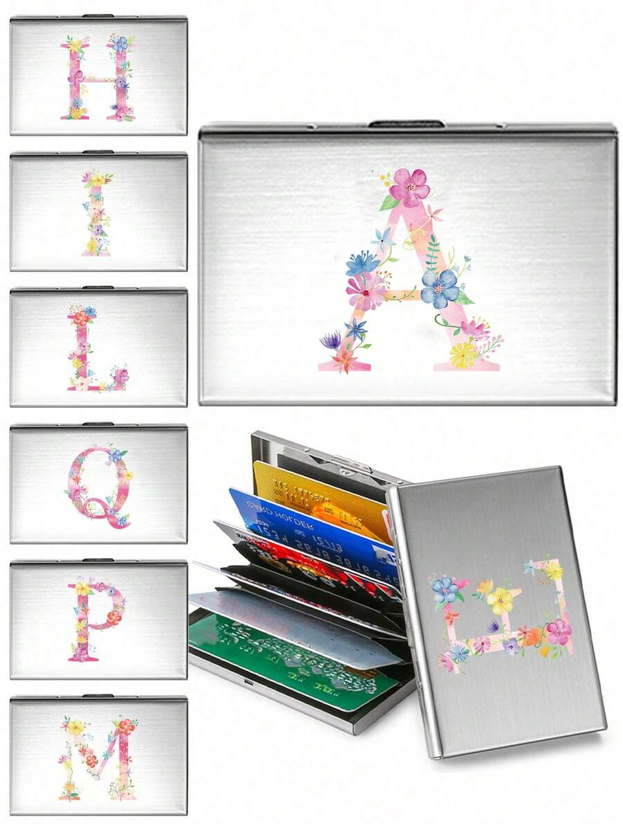 金属卡盒可容纳 6 张卡，男士 RFID 屏蔽金属超薄钱包信用卡夹超薄钱包钱包卡套首字母名称 A 到 Z 字母印刷防扫描信用卡夹薄型身份证件套圣诞节礼物感恩节礼物 Y2K - 銀色 - 查看 1