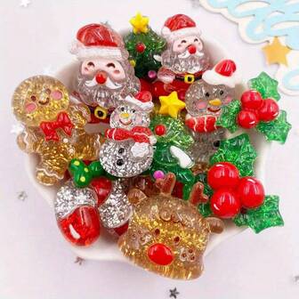 10/20 件混合随机闪亮树脂圣诞装饰品 - 圣诞老人、驯鹿、雪人等，带水钻 - 非常适合 DIY 工艺品、剪贴簿和家居装饰