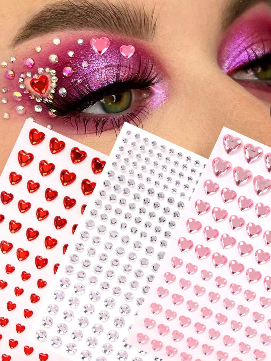 3 件 3D 粉色和红色心形仿珍珠和水钻装饰，适用于头发、眼睛、脸部和身体装饰、DIY 音乐节派对化妆球 - 彩色 - 查看 1
