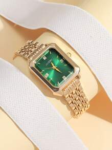 1 件/套青少年简约混合条形刻度方形表盘钢带石英表，适合生日礼物、万圣节礼物、年终促销 - 綠色 - 查看 1