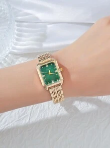 1 件/套青少年简约混合条形刻度方形表盘钢带石英表，适合生日礼物、万圣节礼物、年终促销 - 綠色 - 查看 5