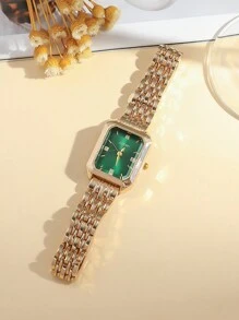 1 件/套青少年简约混合条形刻度方形表盘钢带石英表，适合生日礼物、万圣节礼物、年终促销 - 綠色 - 查看 4