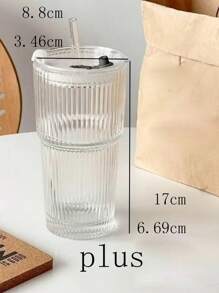 1pc Transparent Glass Cup With Striped Pattern Lid And Straw, Portable And Simple Style Cup For Water, Tea Or Coffee, With A Highly Attractive Ins Style; Comes With A Round Shape, With A Capacity Of 350 Ml Back To School