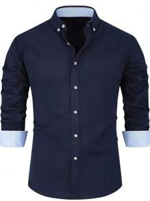 男士休闲时尚衬衫，热卖纯色长袖纽扣领简约衬衫，适合外出和通勤，男士必备品 - 藏蓝色 - 查看 1