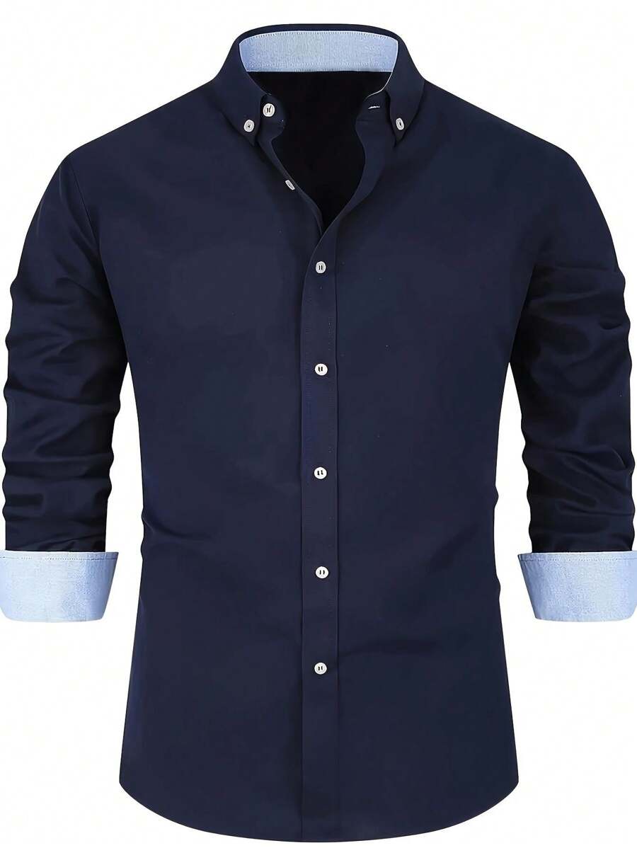 男士休闲时尚衬衫，热卖纯色长袖纽扣领简约衬衫，适合外出和通勤，男士必备品 - 藏蓝色 - 查看 1