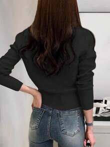 Casual Solid Color Long Sleeve Knit Ribbed Button Faux Pocket Round Neck Cardigan Black - Black - View 2