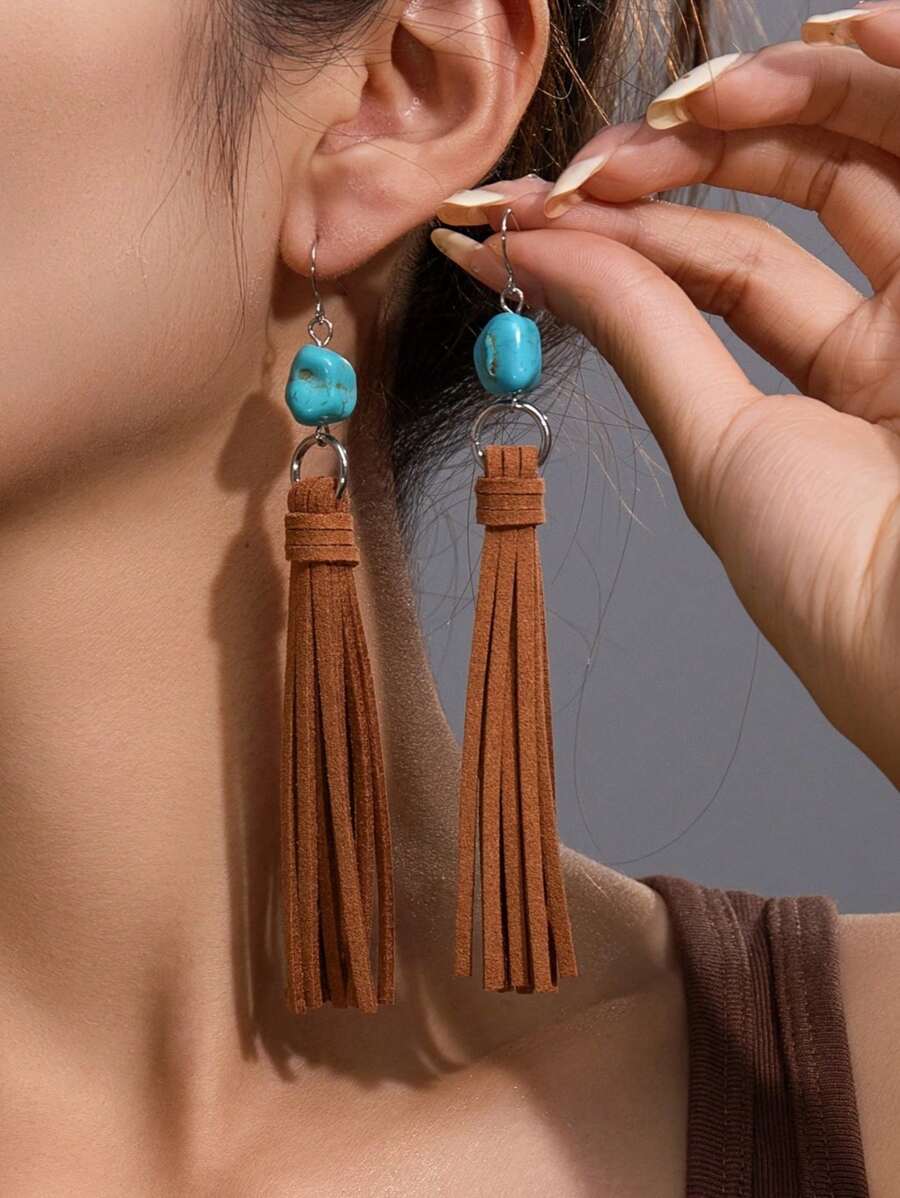 Bông tai tua rua mặt dây chuyền màu ngọc lam phong cách Bohemian, dành cho nữ, mặt dây chuyền tua rua bằng polyester với móc bông tai bằng kim loại, không có lông vũ trang trí, phụ kiện đa năng, phù hợp để đeo hàng ngày và làm quà tặng - mọi mùa. - Nhiều màu - Xem 1