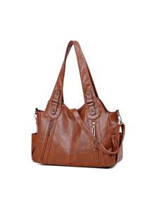 Nuevo bolso de hombro, billetera y bolsa de mano de moda clásica y versátil de gran capacidad, en unicolor de tela de PU retro, con cierre de cremallera, adecuado para compras, viajes